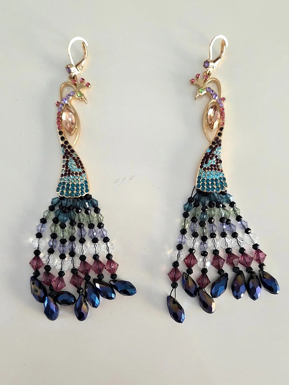 Betsey Johnson Peacock Beaded Chandelier Rhinestone Earrings Blue & Gold